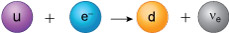 An up quark plus an electron is converted into a down quark and an electron neutrino
